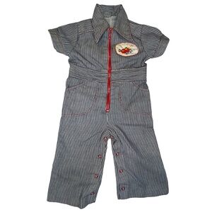 Vintage Baby Boy Mechanic Romper 3-9 Months Blue Zip Up One Piece Short Sleeve